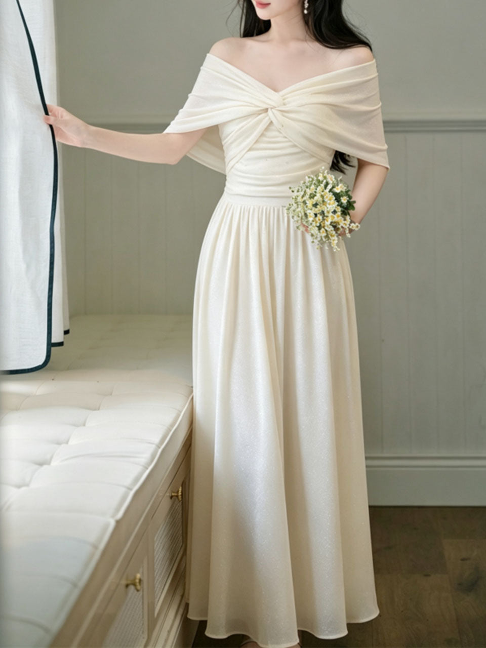 White Off Shoulder Sweetheart Vintage Wedding Maxi Dress