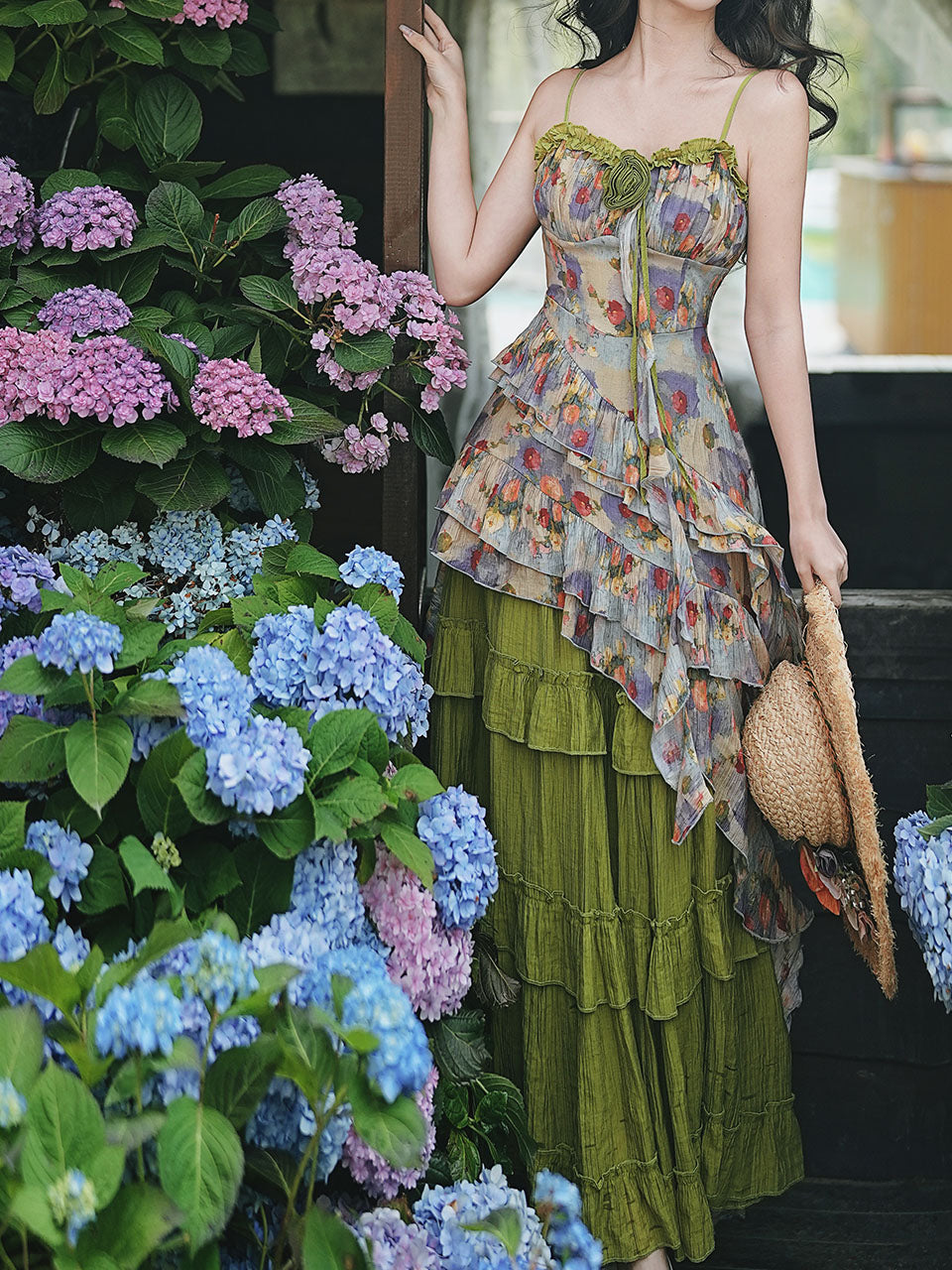 2PS Boho Gypsy Floral Asymmetrical Maxi Dress Whimsical Green Crinkled Tiered Ruffle Dress for Festival