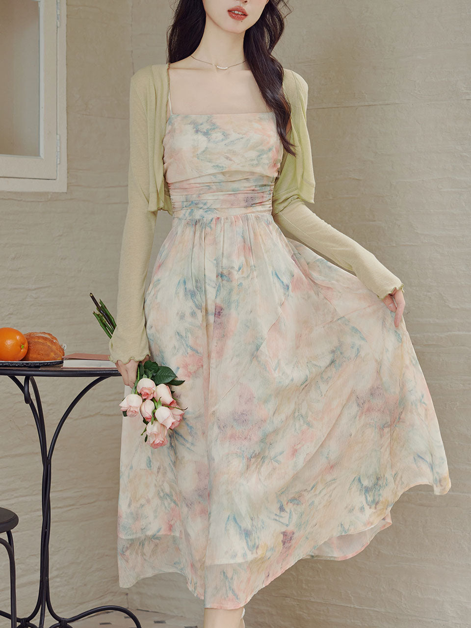 2PS Light Pink Floral Print Spaghetti Strap Dress