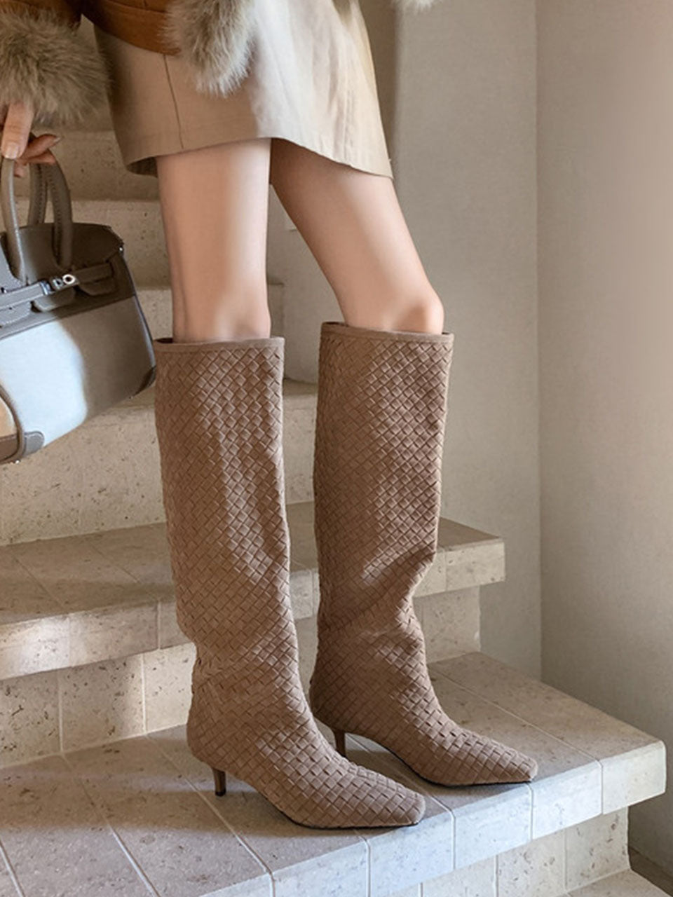 Suede Knit High Heel Knee High Boots Vintage Shoes