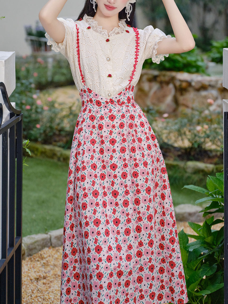 White Cotton Embroidered Shirt and Rose Print Suspender Dress