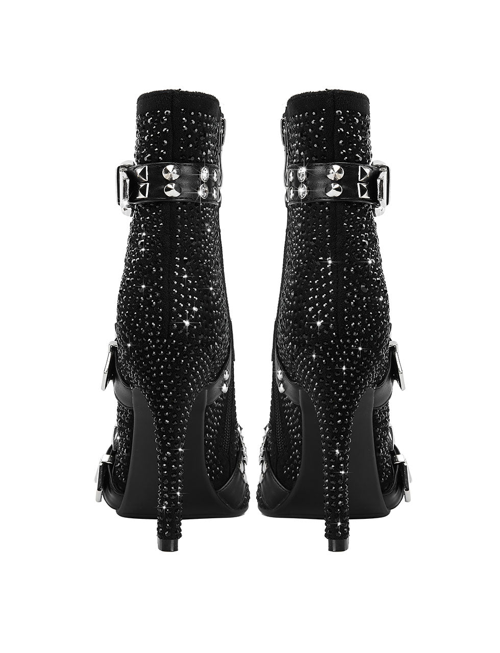 Black High Heel Pointed Toes Luxury Flower Bling Rhinestone Bootie Shoes