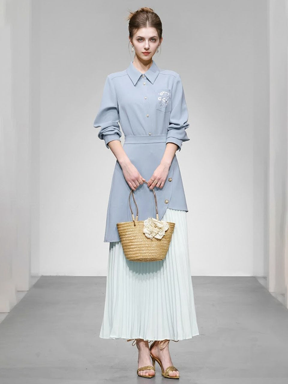 Modern Vintage Asymmetrical Blue Embroidered