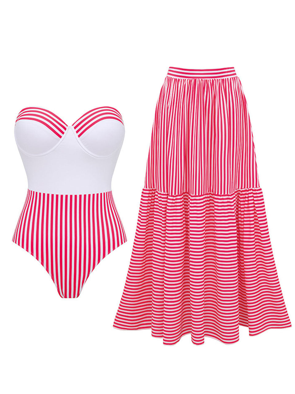Pink and White Vertical Striped Bandeau One-Piece Swimsuit