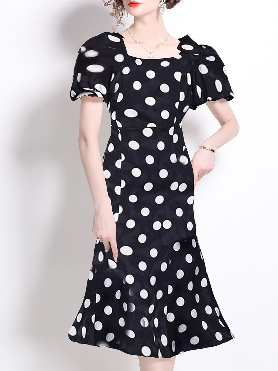 Black Polka Dots Vintage Puff Sleeves Bodycon Dress