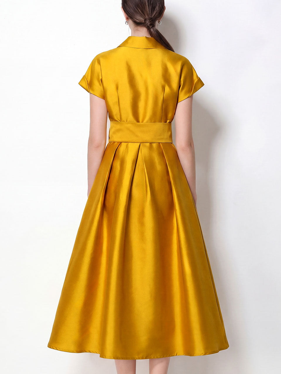 Vintage 1950s Audrey Hepburn Style Navy Satin Lapel Collar Midi Dress