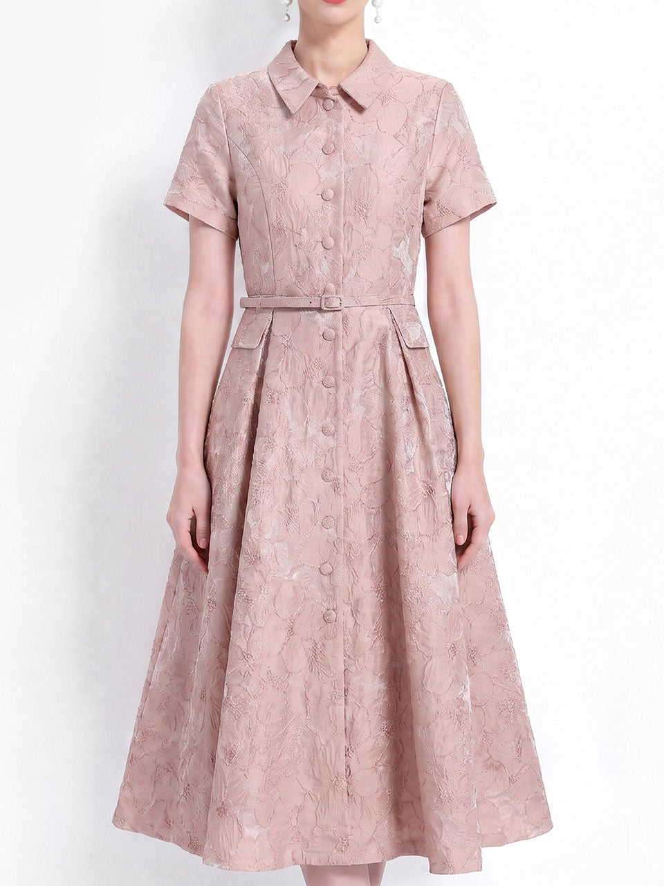 Pink Jacquard Elegant Embossed Floral Shirt Dress