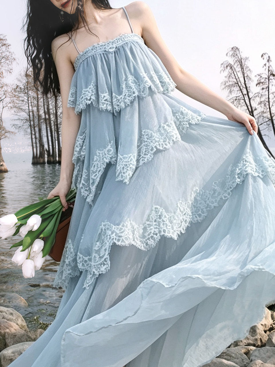 Blue Lace Spaghetti Strap Irregular Tiered Maxi Dress
