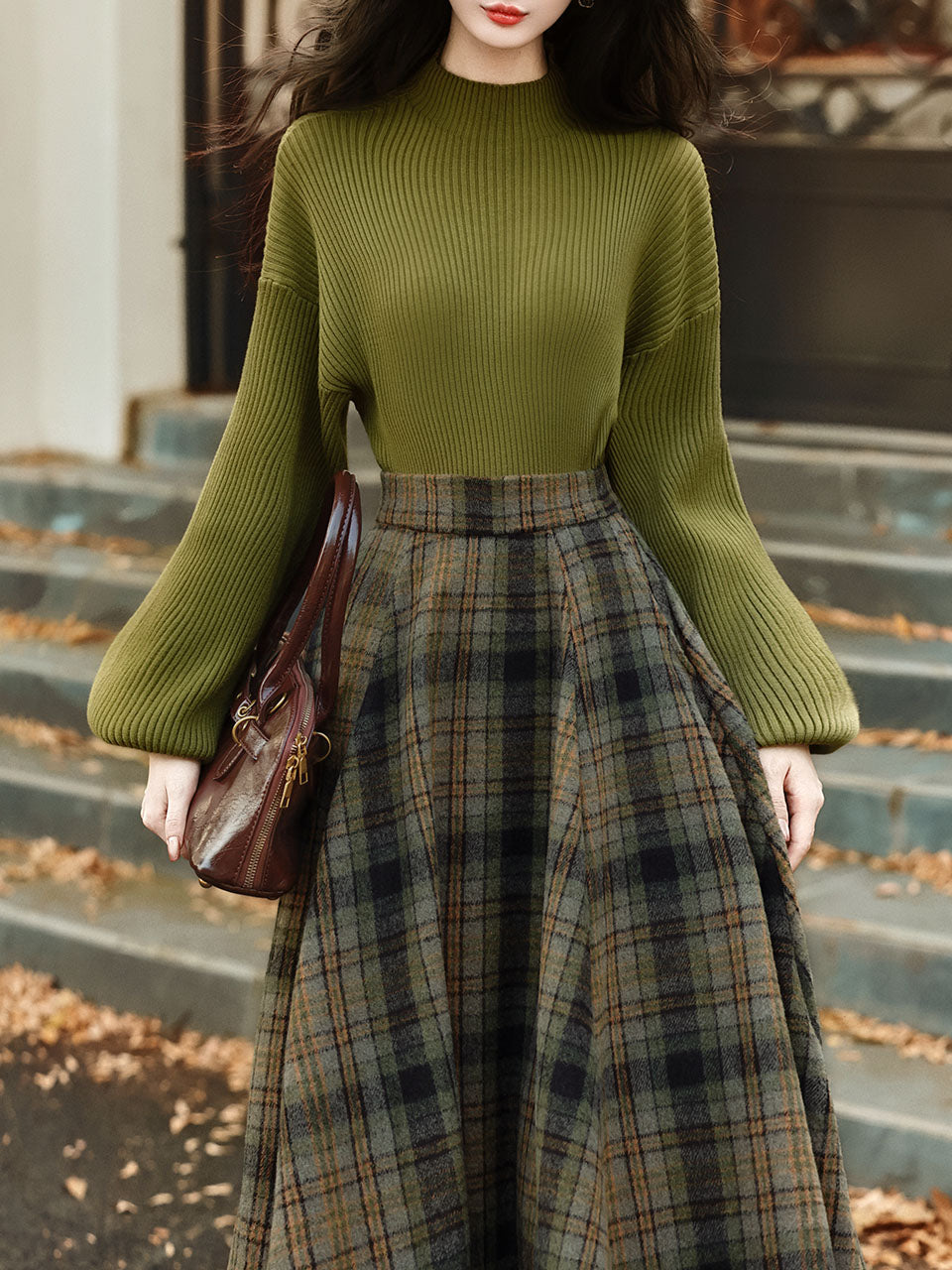 2PS Green Sweater And Plaid Swing Skirt 1950S Vintage Audrey Hepburn's Style Outfits