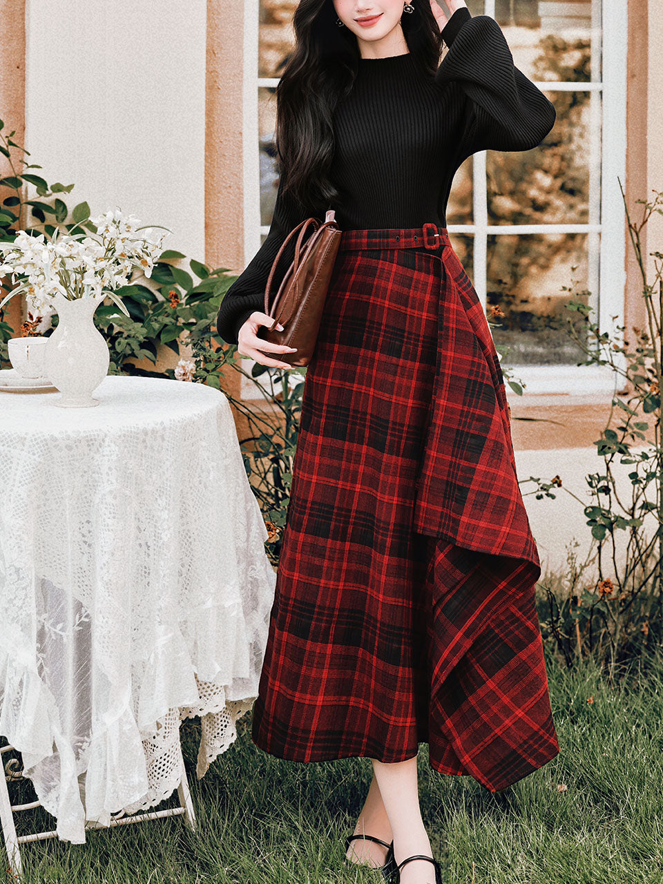 2PS Black Sweater And Red Plaid Swing Skirt 1950S Vintage Audrey Hepburn's Style Outfits