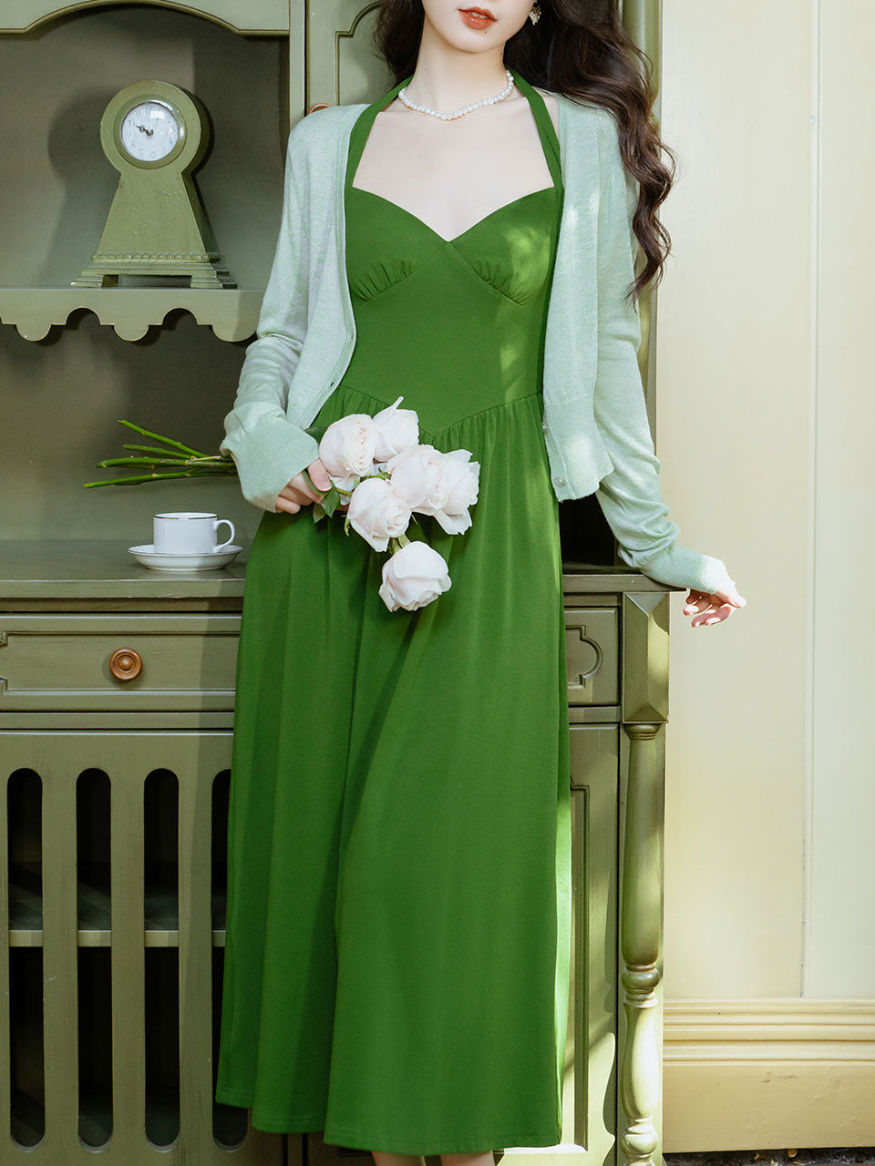Green Halter Backless Vintage Dress Prom Dress