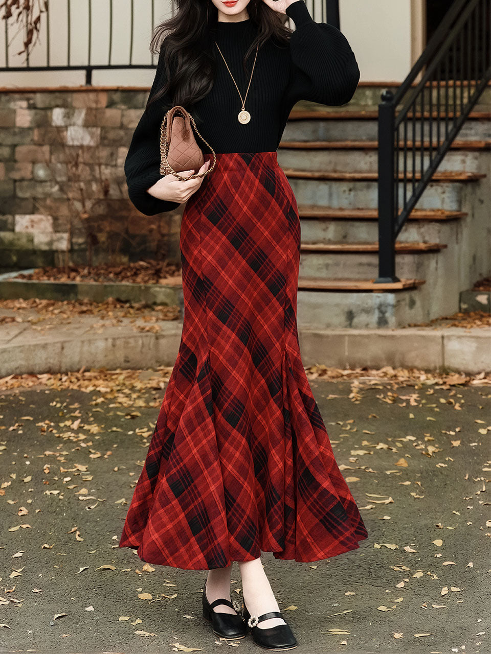 2PS Black Sweater And Red Plaid Fishtail Skirt 1950S Vintage Audrey Hepburn's Style Outfits