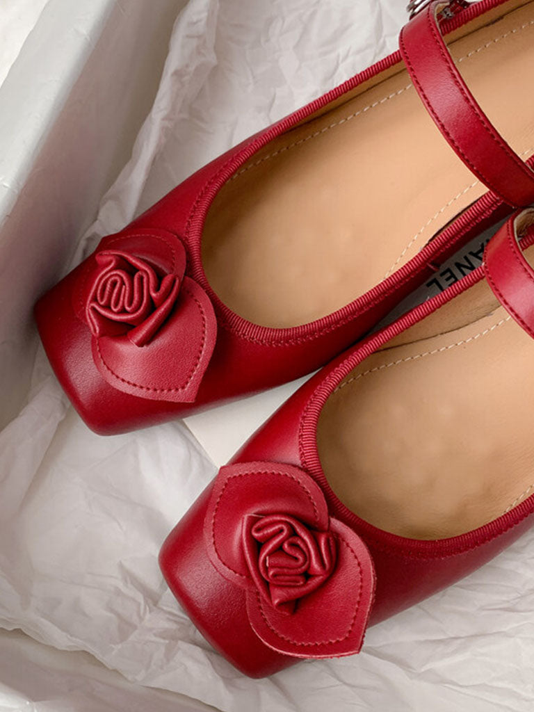 Chunky Heels Square Toe Rose Vintage Ballerina Shoes