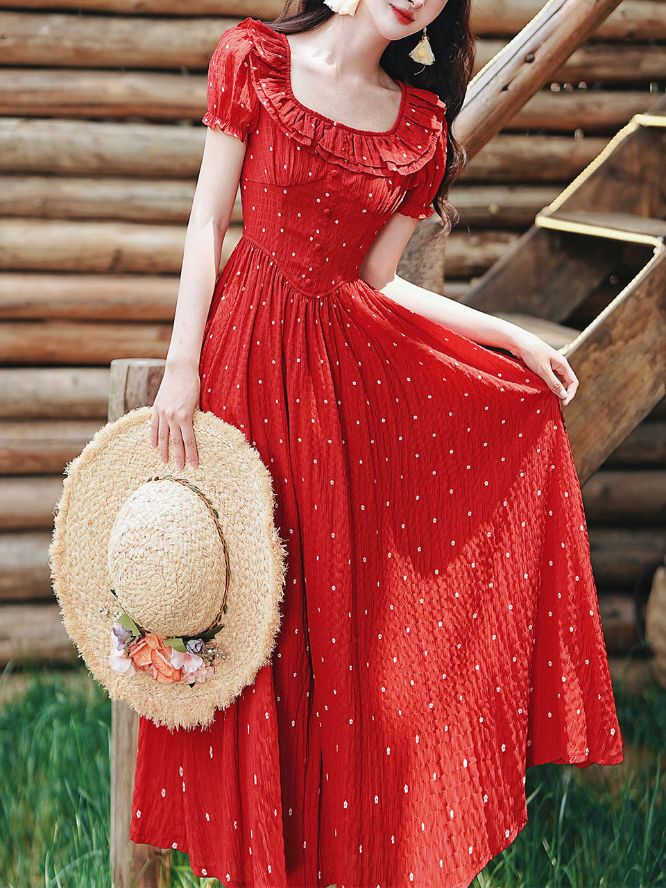 1950S Vintage Red Polka Dots Square Collar Swing Dress