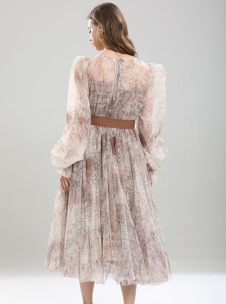 Retro Palace Puffed Sleeves Lace Tulle Print Vintage Swing Dress