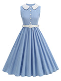 1950s Vintage Baby Blue Peter Pan Collar Sleeveless Retro Swing Dress