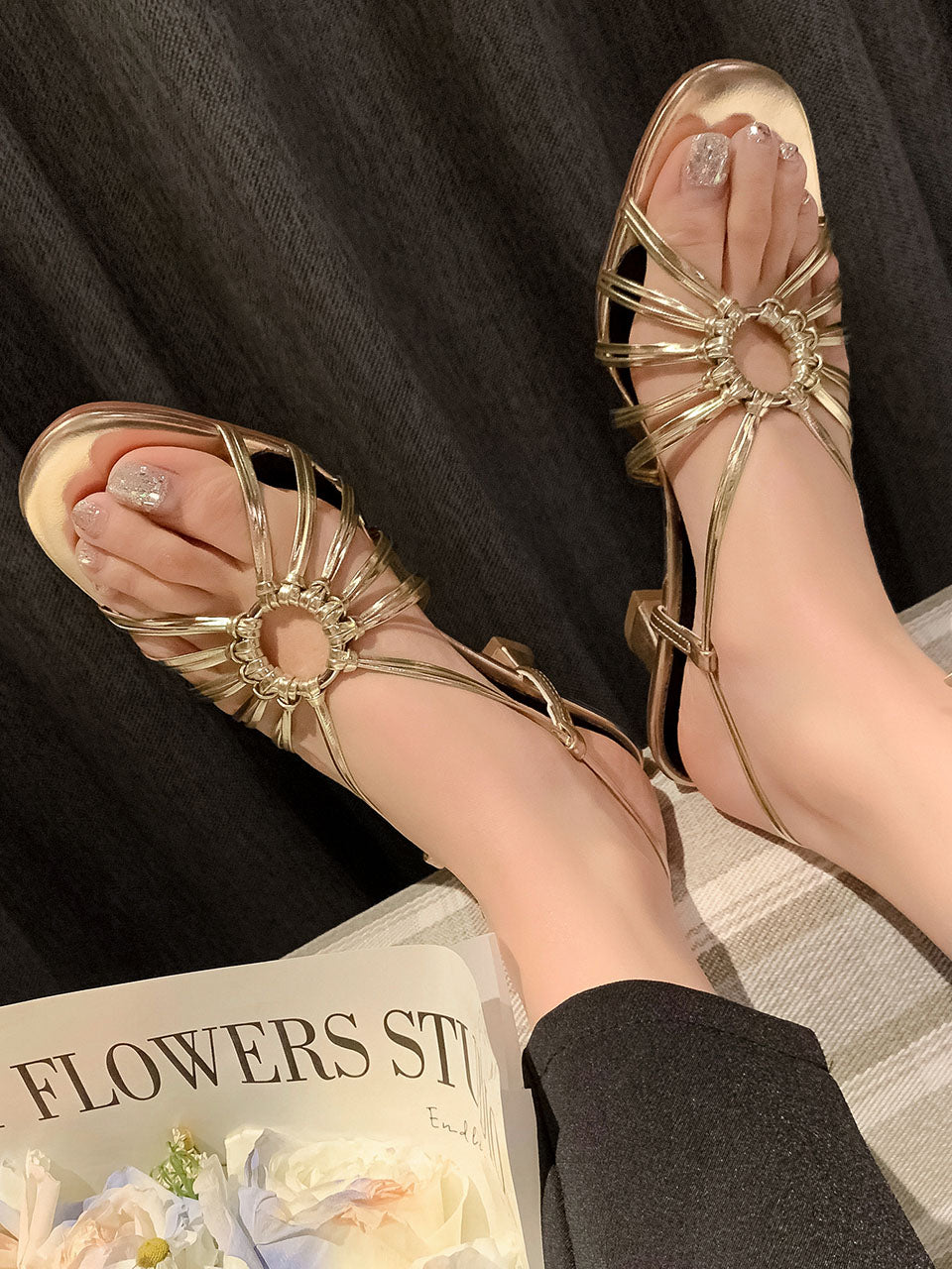 Round Toe Gold Spool Heel Sandals Leather Vintage Shoes