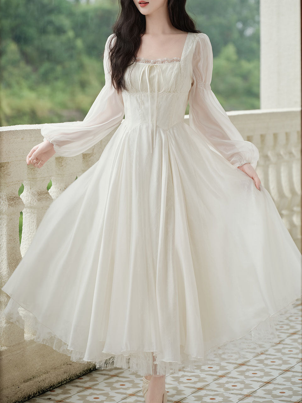 White Lace Square Collar Long Sleeve 1950S Vintage Swing Dress