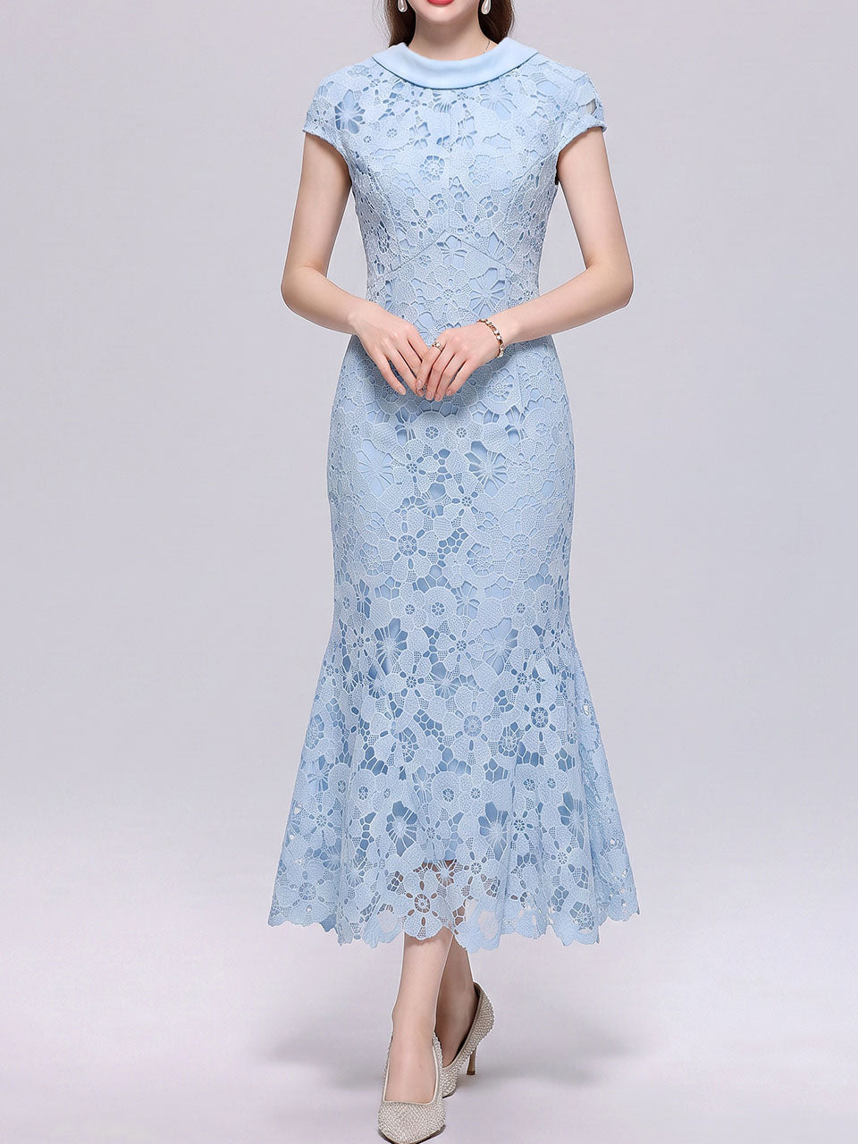 Cream Lace Mermaid Cowl Neck Midi Dress for Wedding