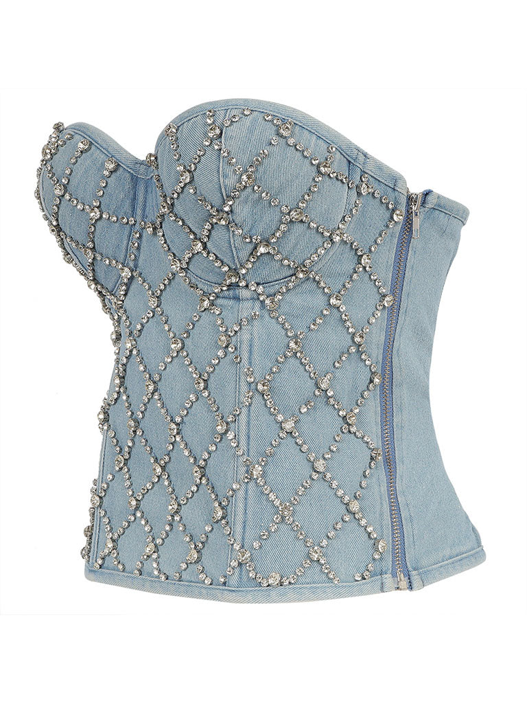 Denim Handmade Rhinestones Corset Camisole Top