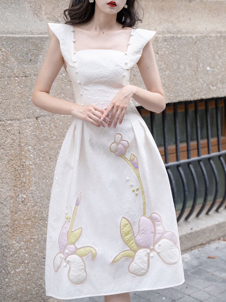 Apricot 3D Flower Butterfly Sleeve 1950S Party Vintage Dress