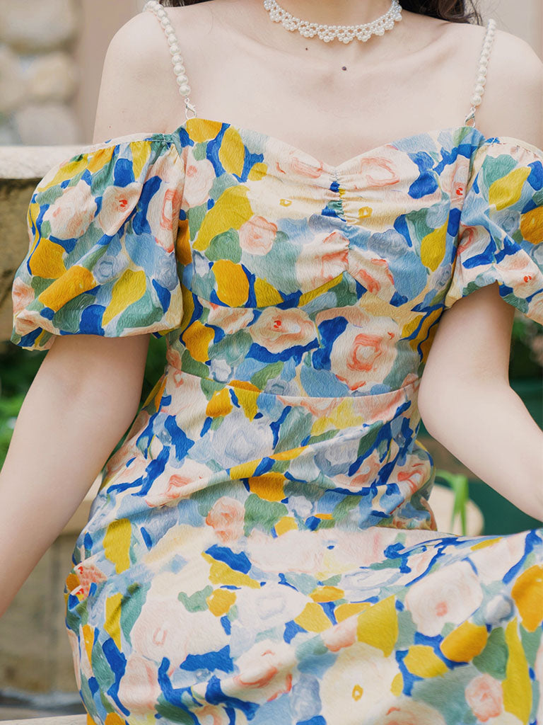 Yellow And Blue Floral Print Off Shoulder 1950S Dress