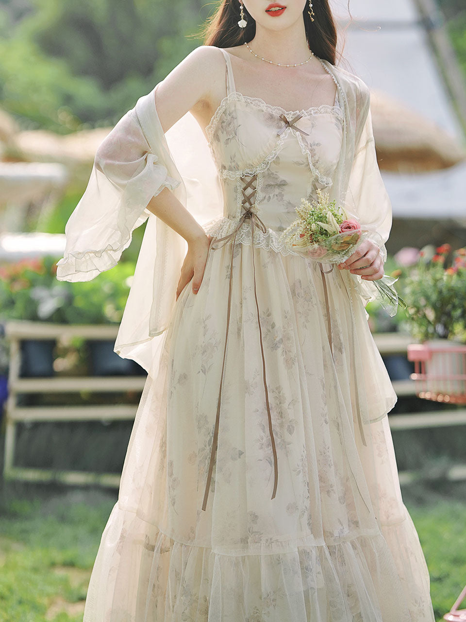 2PS Apricot Floral Print Ruffles Spaghetti Strap Princess Dress