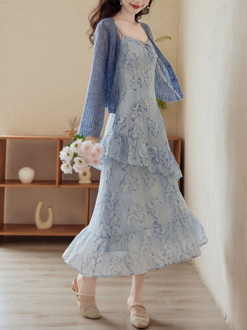 2PS Blue Floral Print Spaghetti Strap Dress