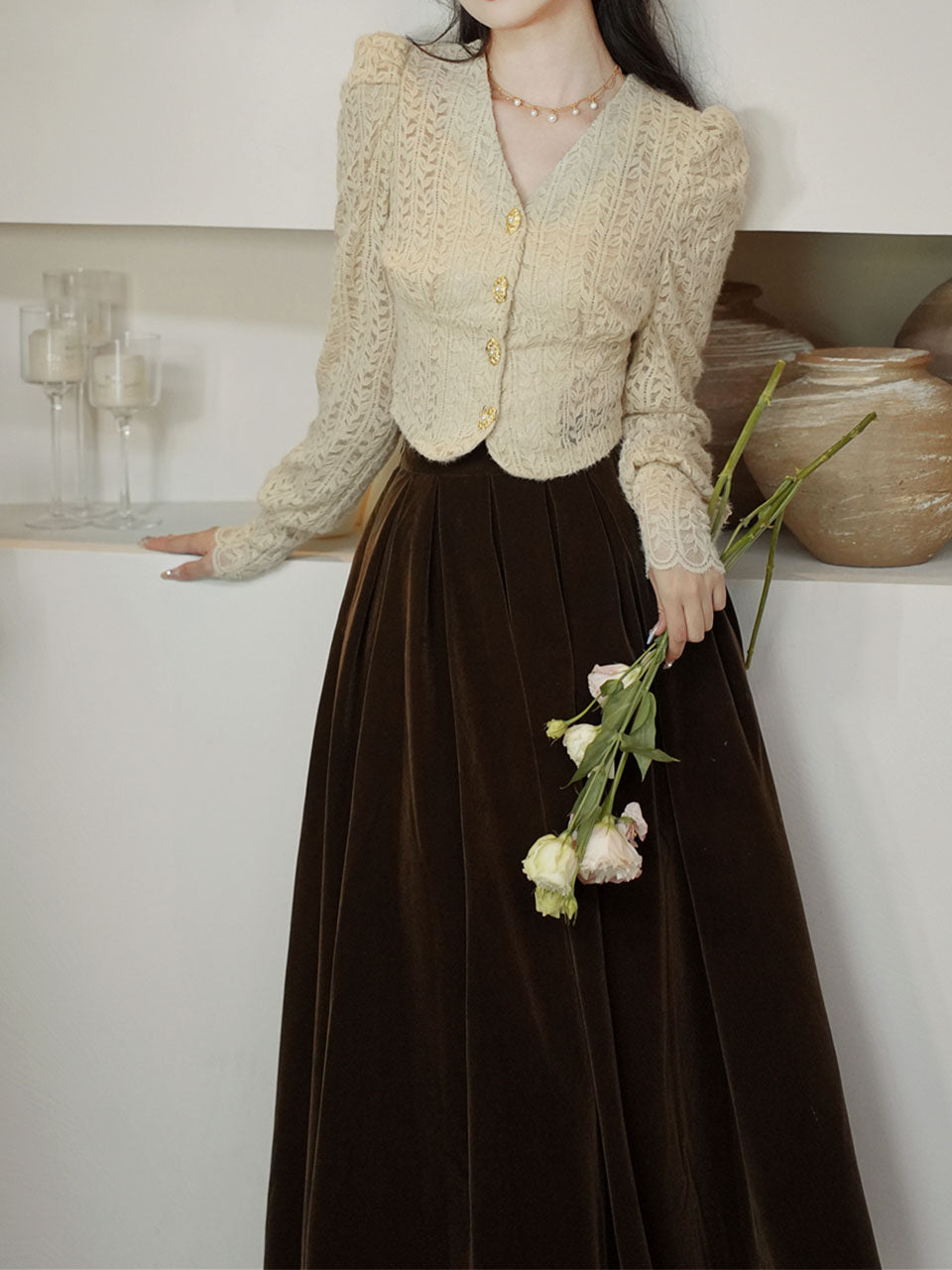 White Lace V Neck Top and Brown Velvet Swing Skirt Dress Set