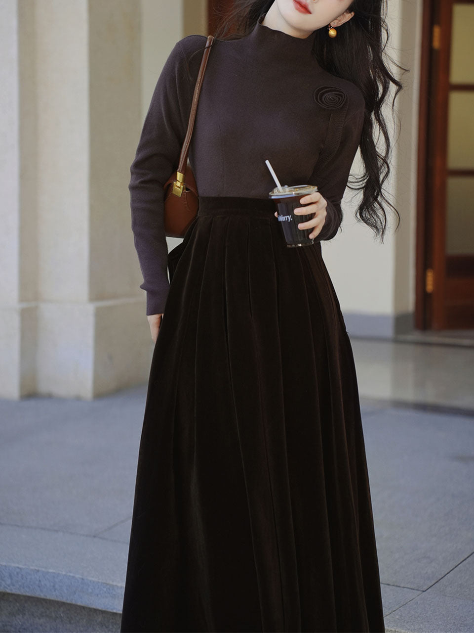 Brown Flower Turtleneck Sweater and Velvet Swing Skirt Dress Set