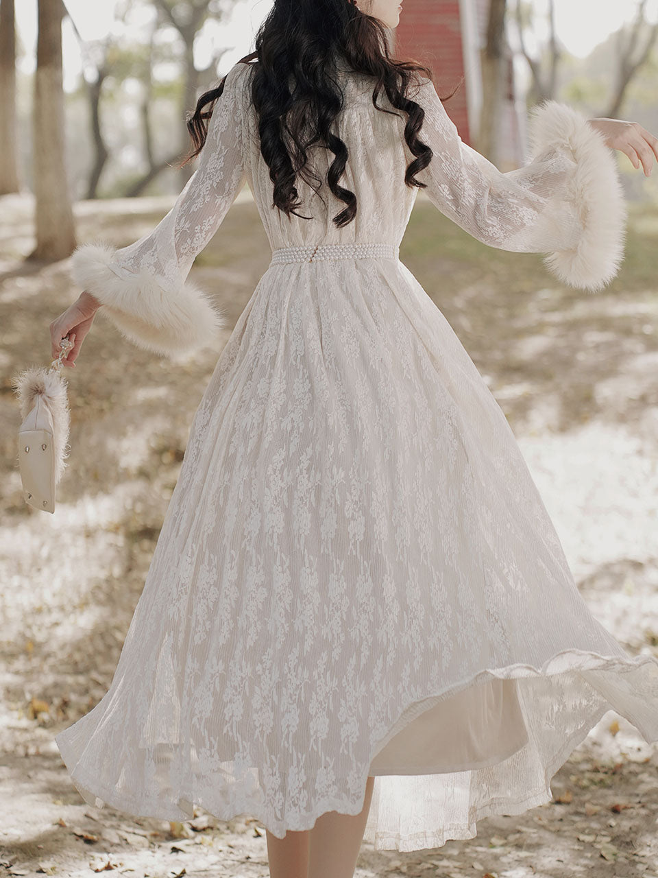 Apricot Lace Fur Sleeve 1950S Vintage Dress