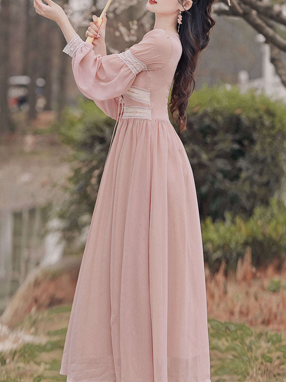 Pink Rose Girl Retro Lace V-neck Chiffon Long Lantern Sleeve Coquette Dress