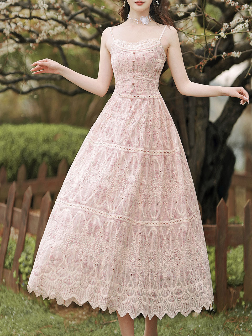 2PS Pink Embroidered lace Spaghetti Strap Dress