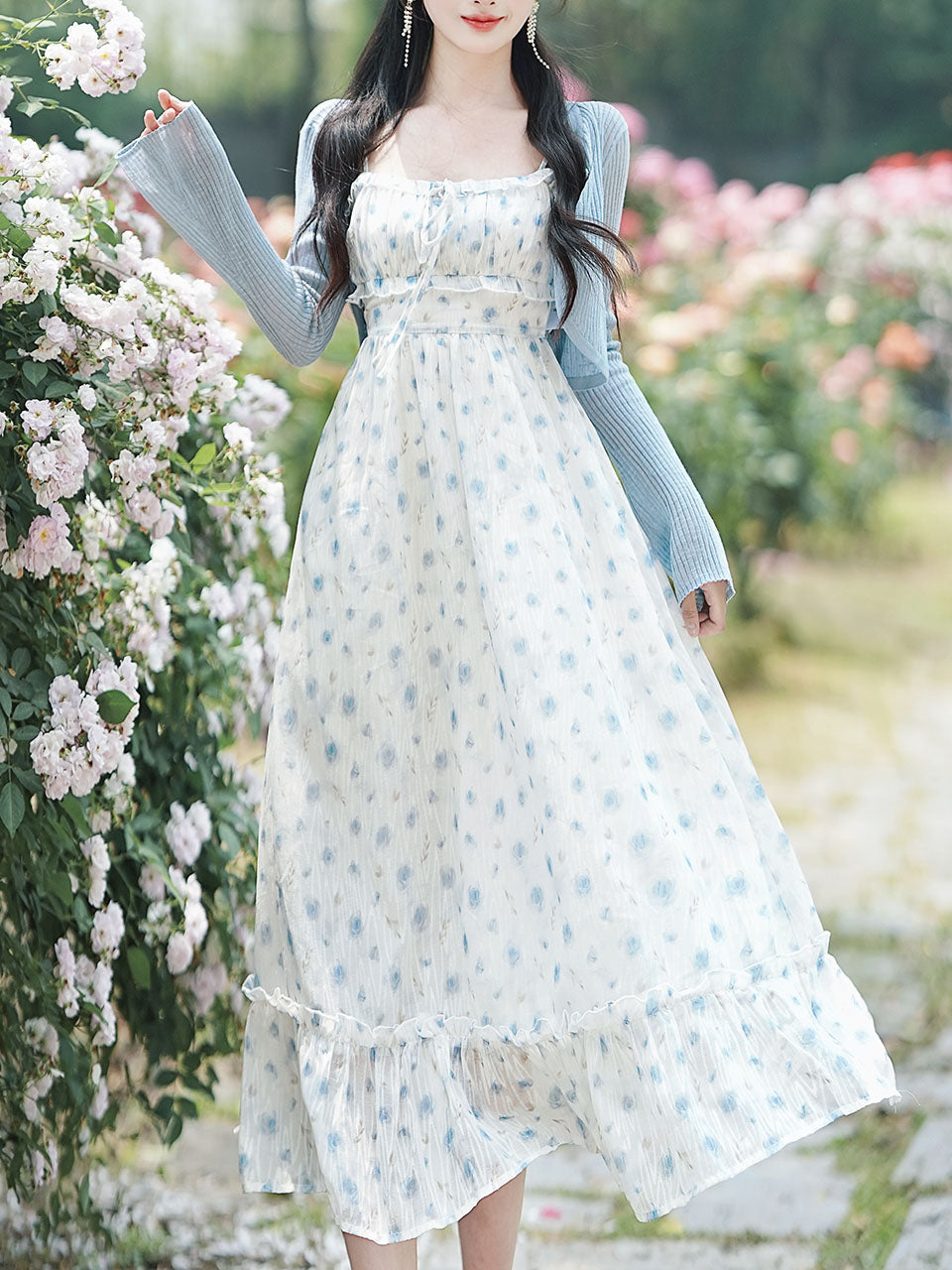 2PS Blue Floral Print Ruffles Spaghetti Strap Princess Dress