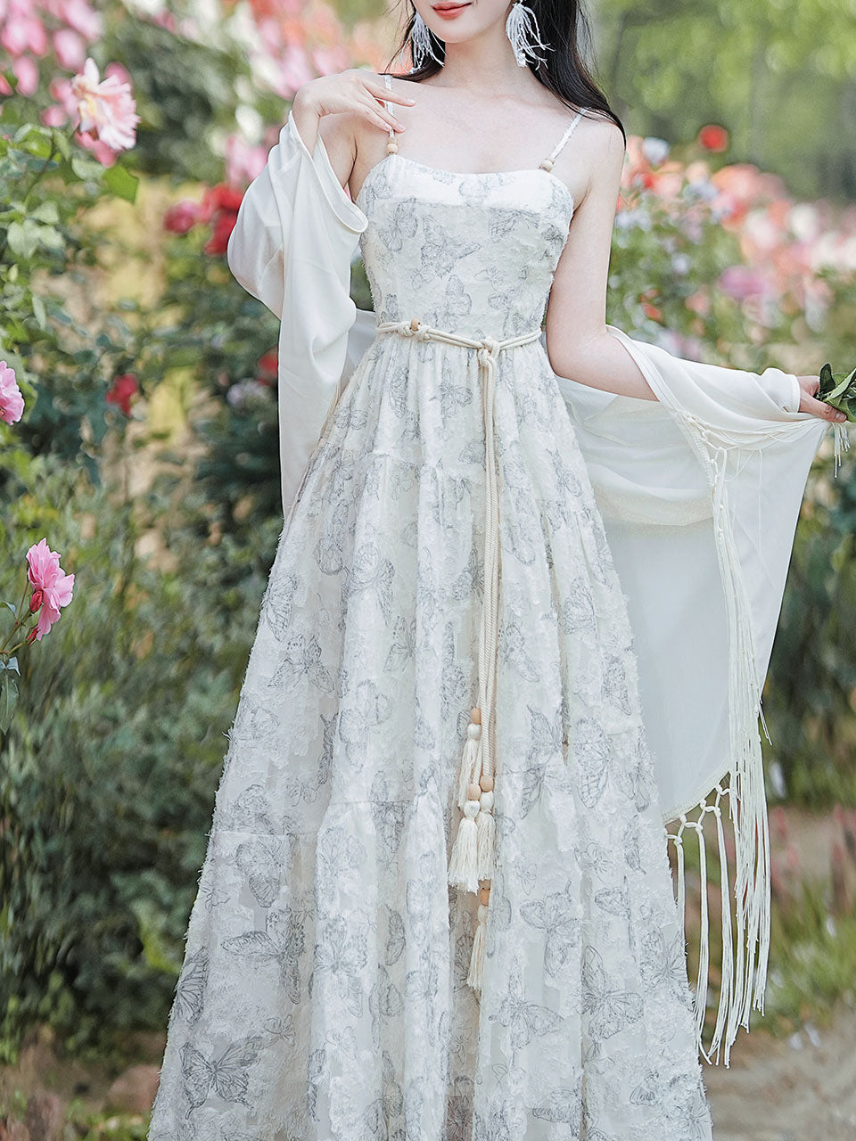 2PS White Butterfly Print Spaghetti Strap 1950S Vintage Dress