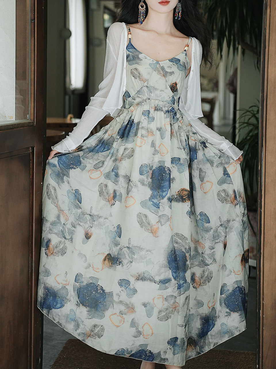 2PS Blue Floral Print Spaghetti Strap 1950S Vintage Dress