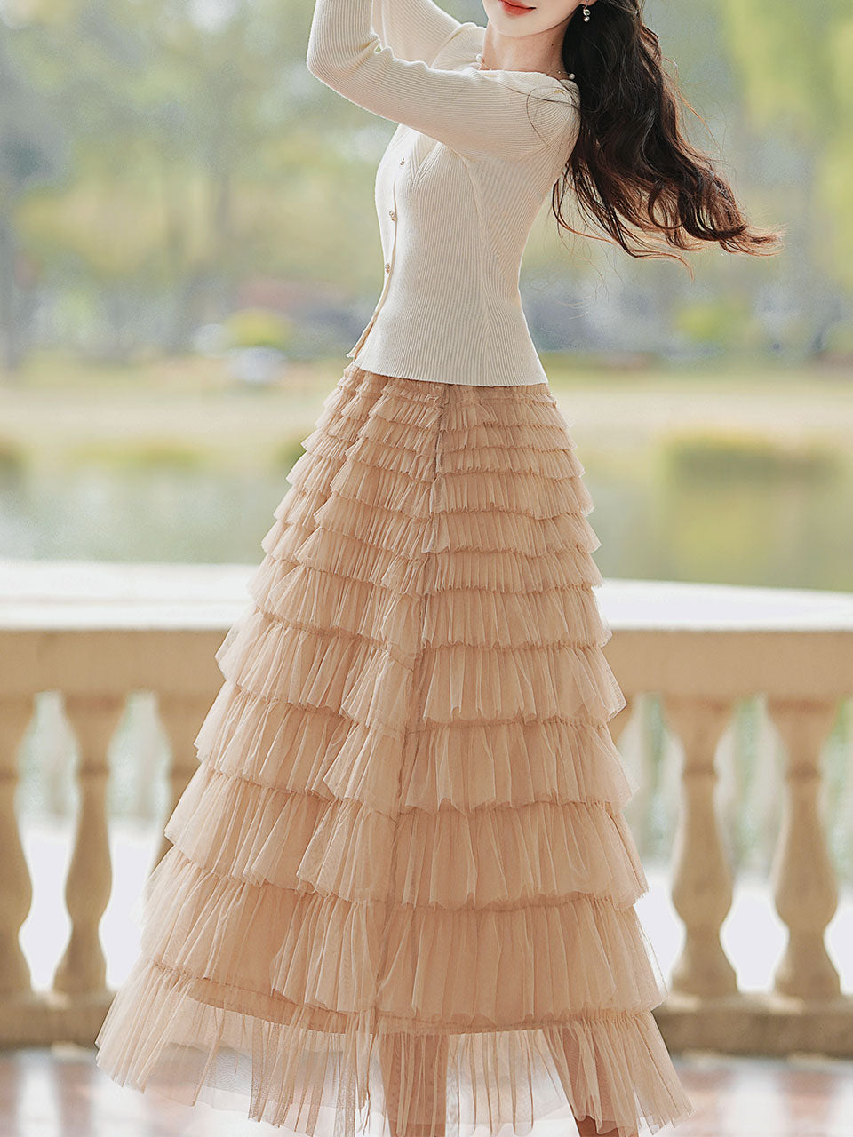 2PS White V Neck Knitted Sweater and Swing Mesh Fairy Skirt Dress Set