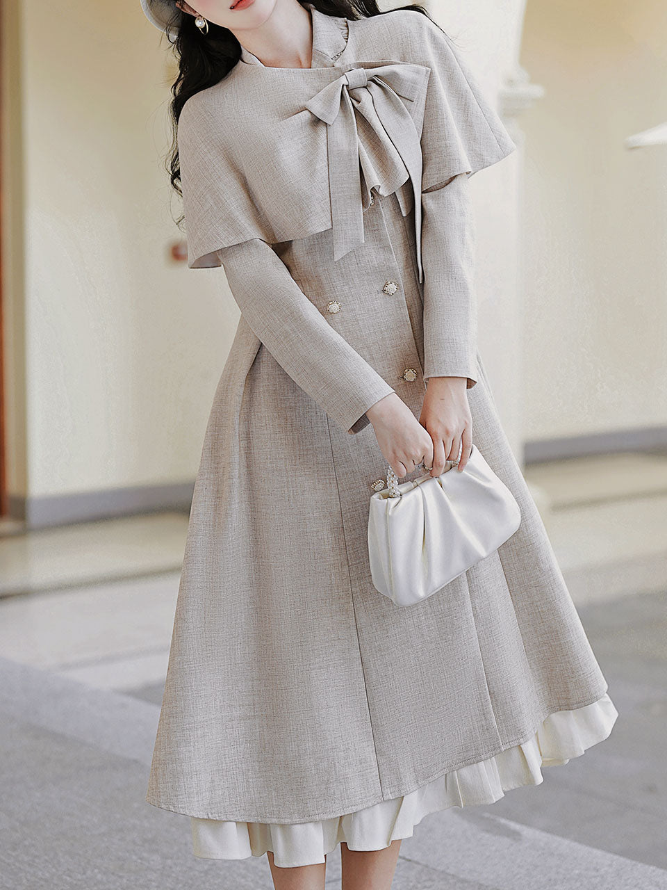 1950S Grey Bow Vintage Cape Long Dress Coat