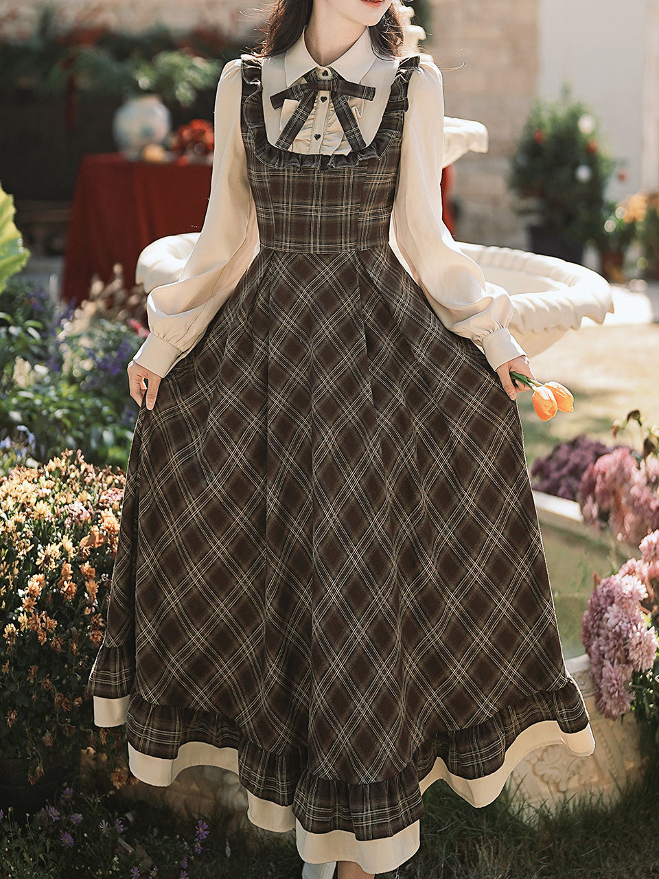 Brown Plaid Fake Two-Piece Long Sleeve Vintage Dress