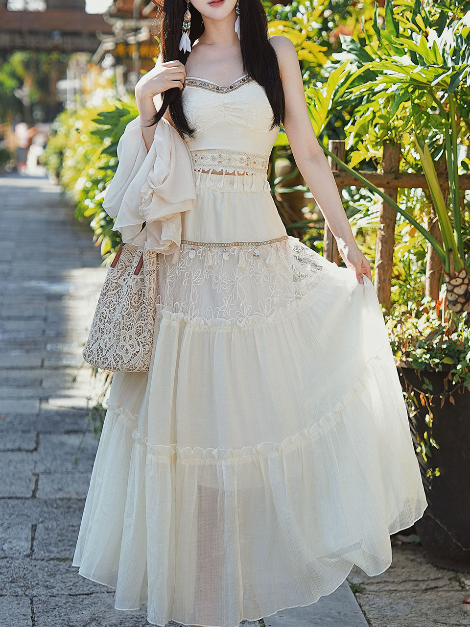 White Bohemian Rhapsody Retro Suspender Top Tassel Skirt 1970S Vintage Set