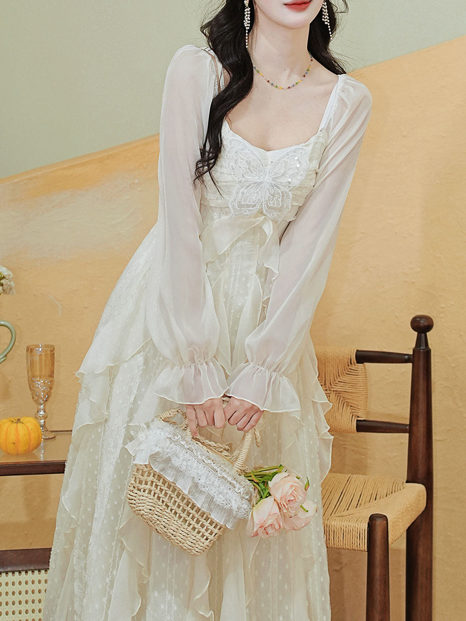 Vintage White Square Neck Butterfly Sequins  Lace Ruffle Long Sleeve Dress
