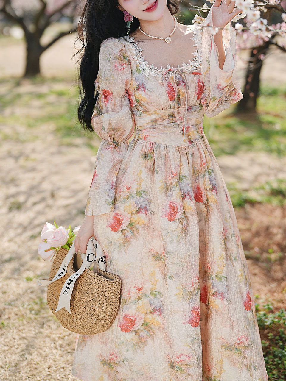 Pink Square Collar Floral Lace Ruffles Edwardian Revival Vintage Dress