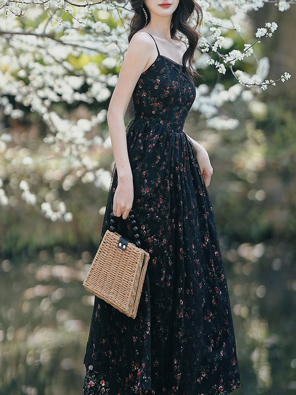2PS Vintage Black Floral Chiffon Maxi Dress