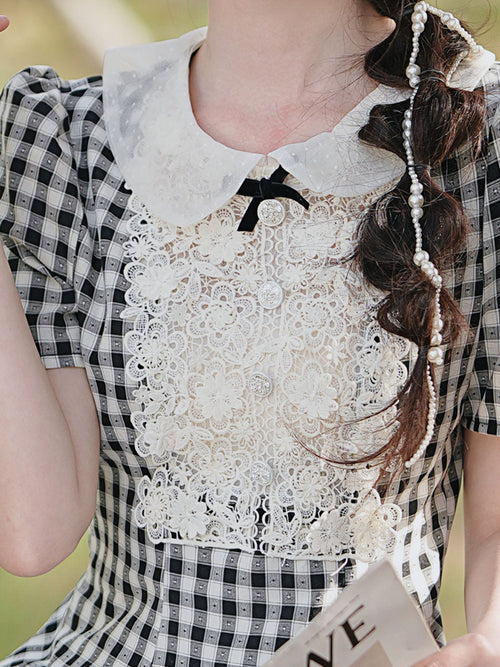 Black and White Plaid Lace Peter Pan Collar 1950s Vintage Dress