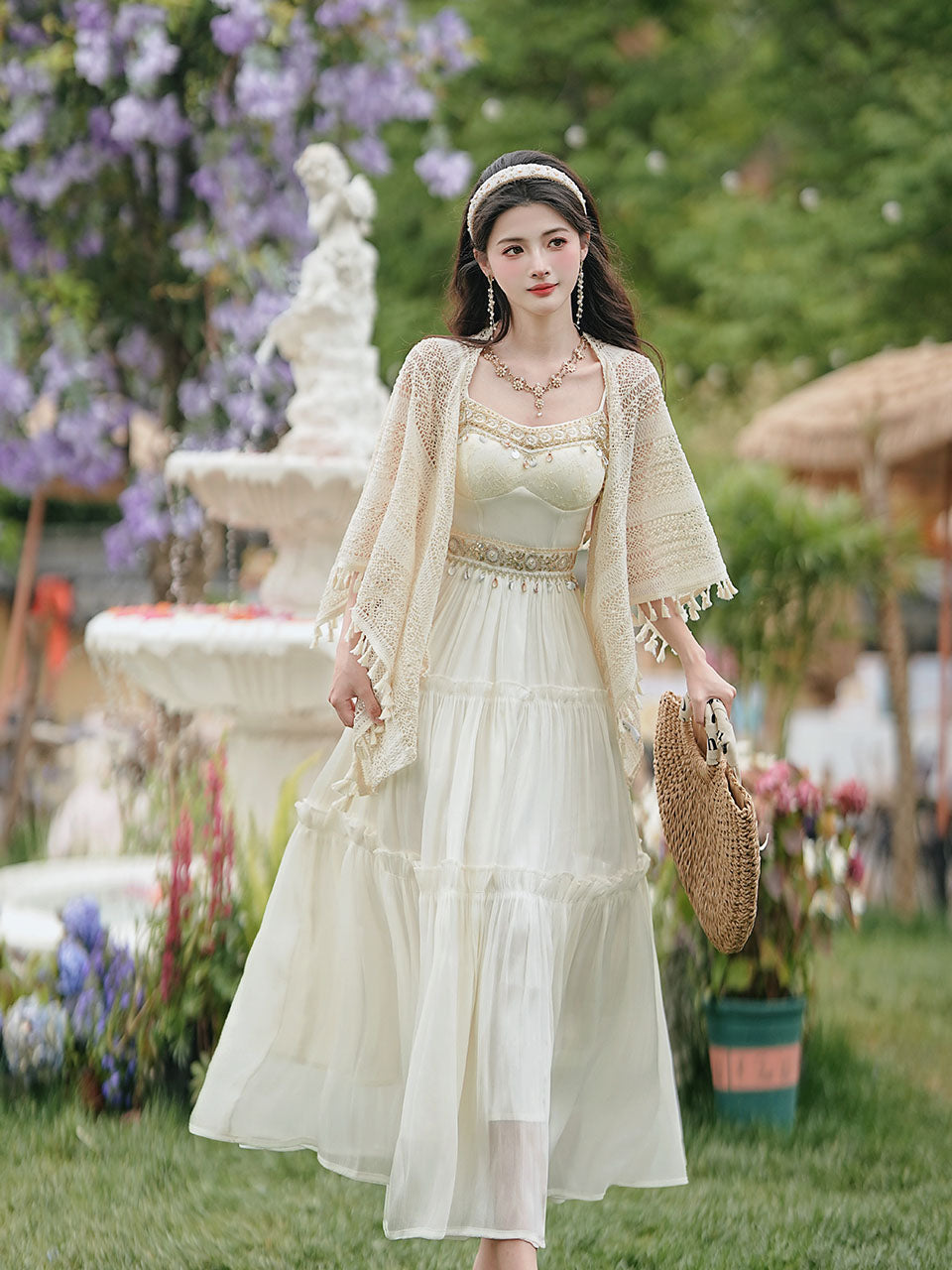 White Bohemian Embroidered Retro Maxi Dress 1970S Vintage Set
