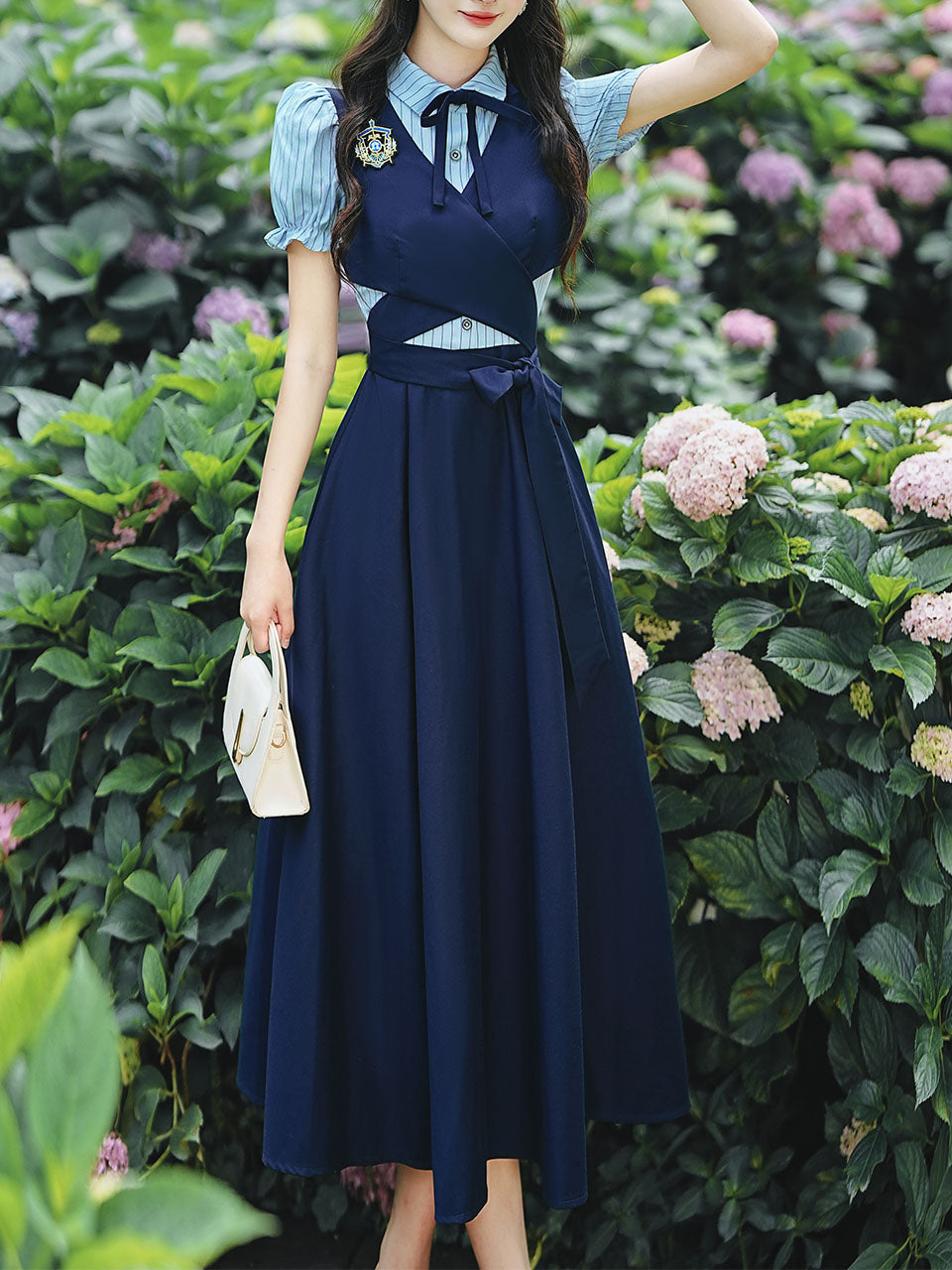 Vintage Navy Two-Piece Fake Layered Shirt Dress