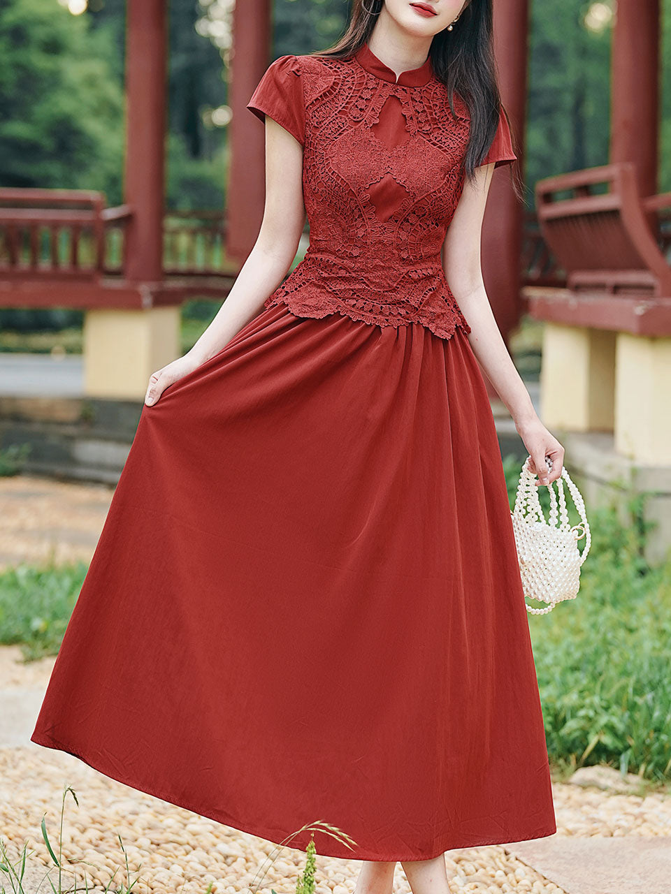 Red Cheongsam Cap Sleeve Lace Vintage Dress