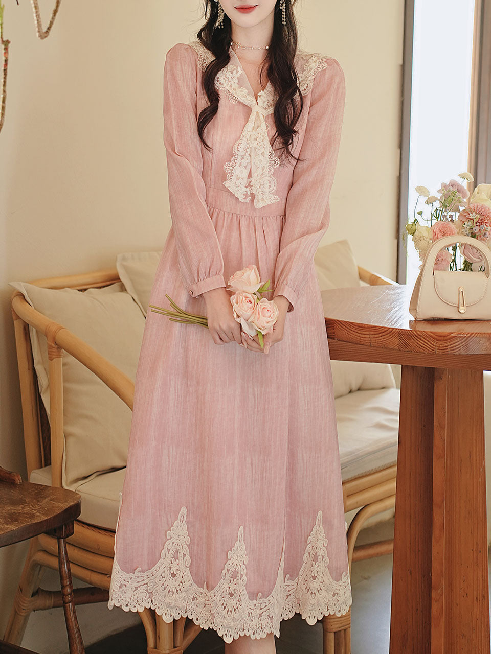 Romantic Vintage Pink Long Sleeve Dress