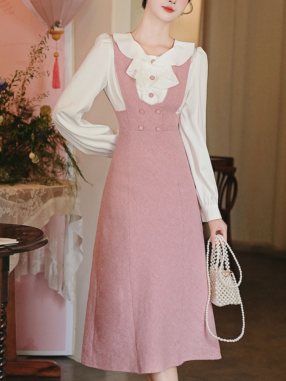 Pink Tweed Fake Two-Piece Dress