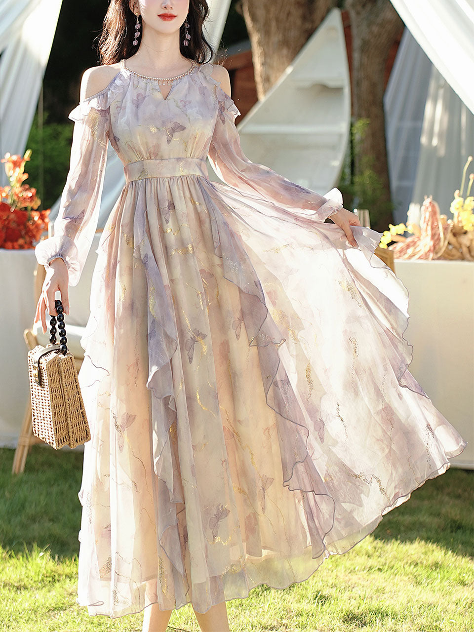 Vintage 1970s Floral Print Lavender Chiffon Ruffled Off-Shoulder Long Sleeve Maxi Dress